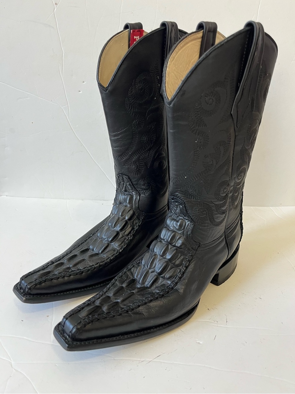 Potrero Black Cowhide Leather Embossed Caiman Western Cowboy Boots Size 7.5